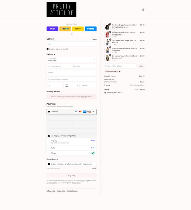 Pretty Attitude checkout page showing Pretty Attitude discount code box | Screenshot taken by SimplyCodes community member on Aug 31, 2025