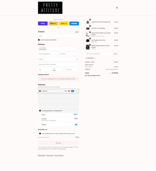 Pretty Attitude checkout page showing Pretty Attitude discount code box | Screenshot taken by SimplyCodes community member on Sep 12, 2025