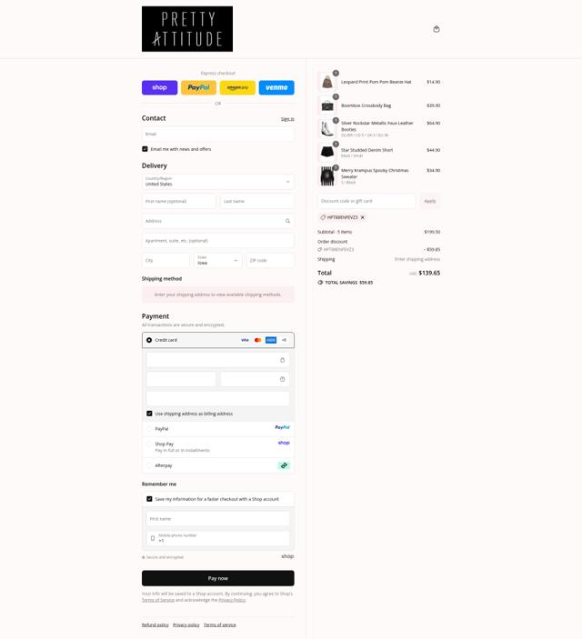 Pretty Attitude checkout page showing Pretty Attitude discount code box | Screenshot taken by SimplyCodes community member on Sep 12, 2025