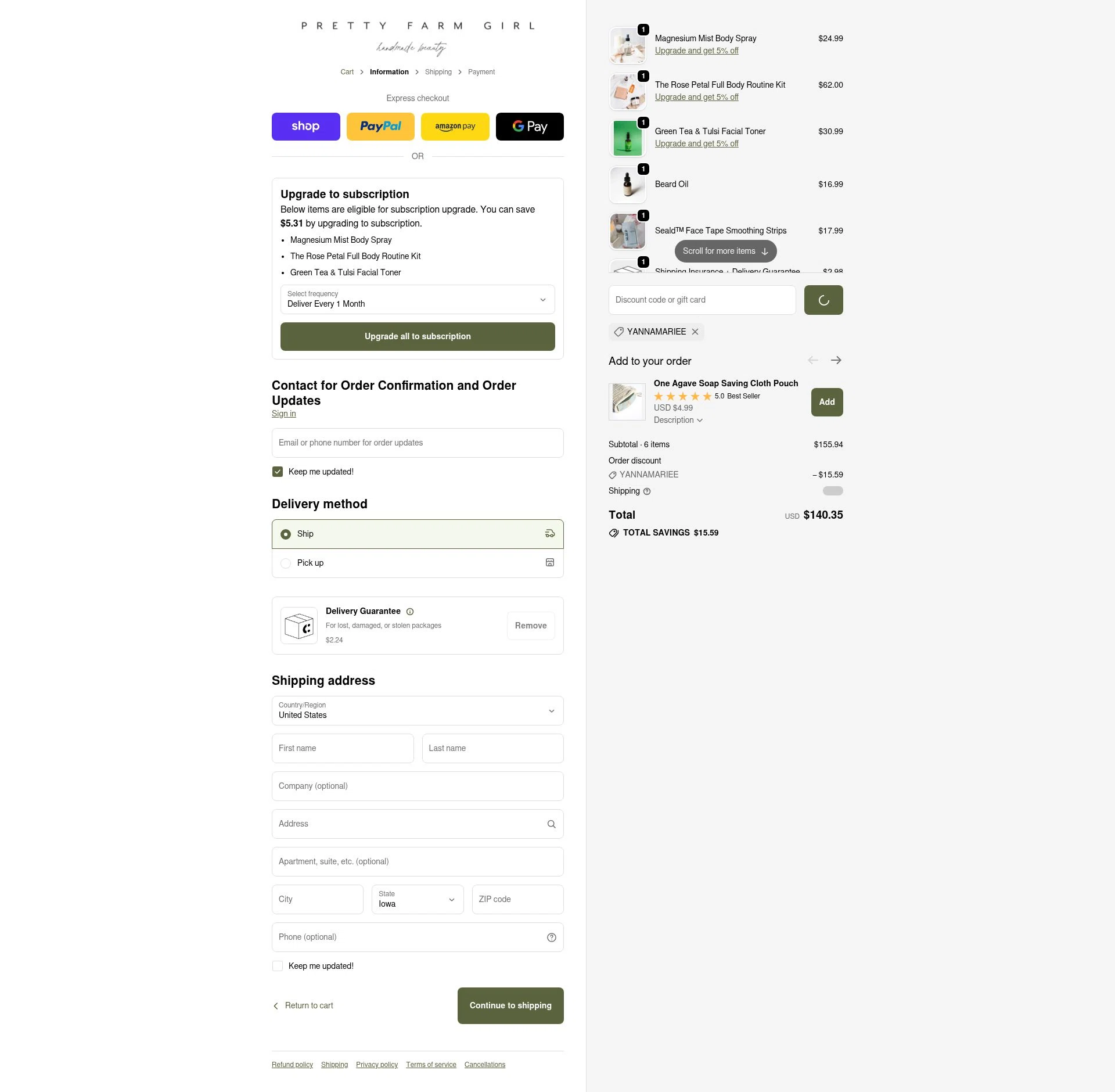 Pretty Farm Girl checkout page showing Pretty Farm Girl discount code box | Screenshot taken by SimplyCodes community member on Feb 23, 2026