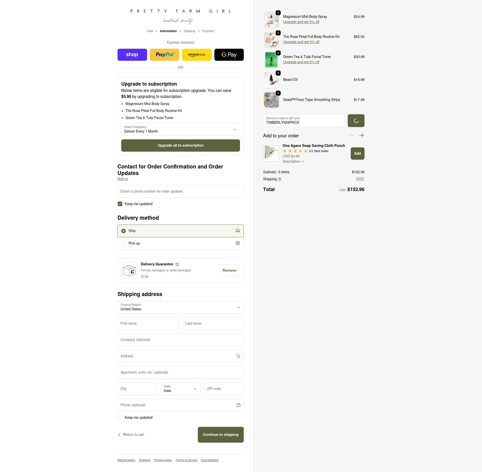 Pretty Farm Girl checkout page showing Pretty Farm Girl discount code box | Screenshot taken by SimplyCodes community member on Feb 23, 2026