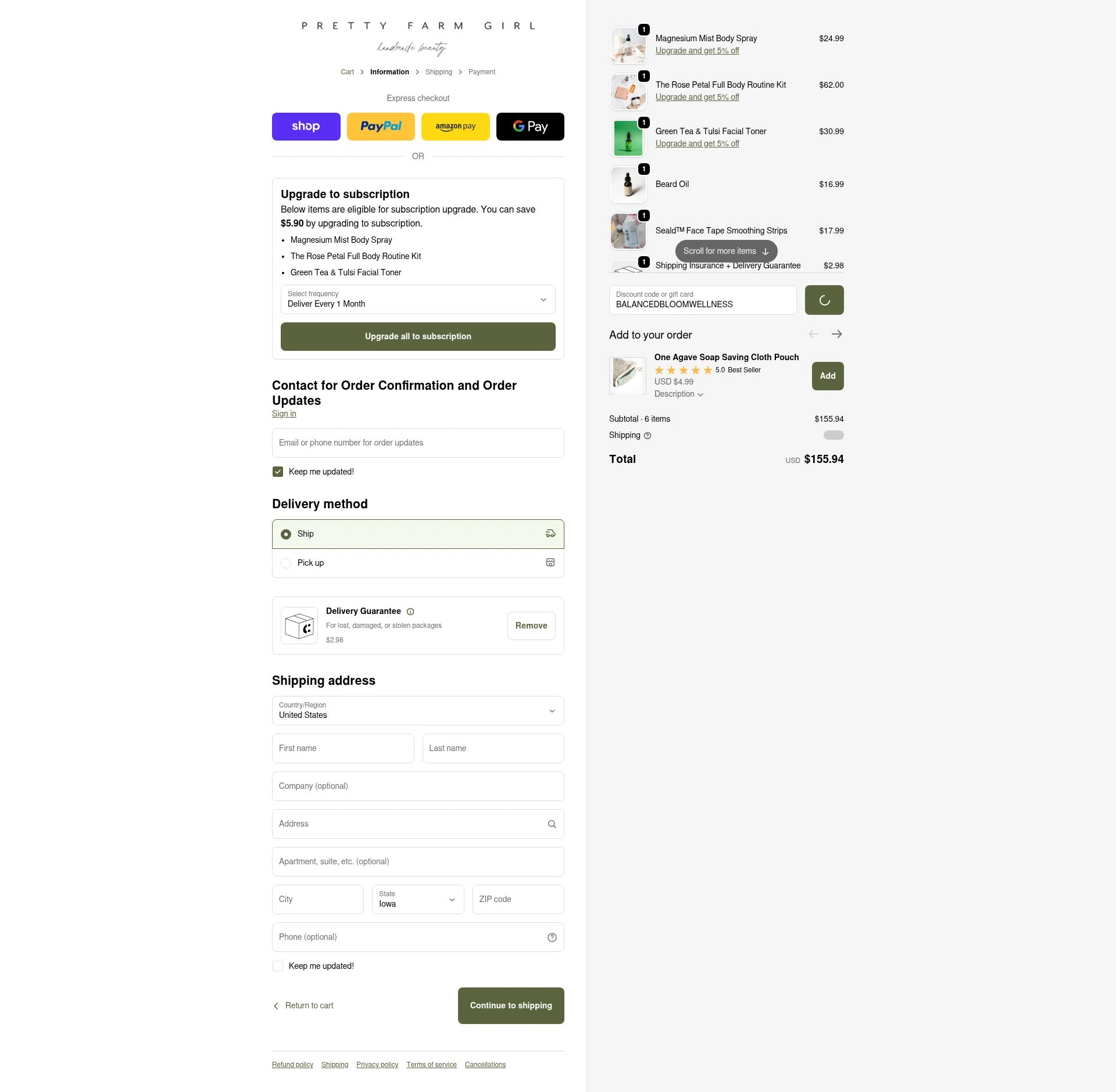 Pretty Farm Girl checkout page showing Pretty Farm Girl discount code box | Screenshot taken by SimplyCodes community member on Feb 23, 2026