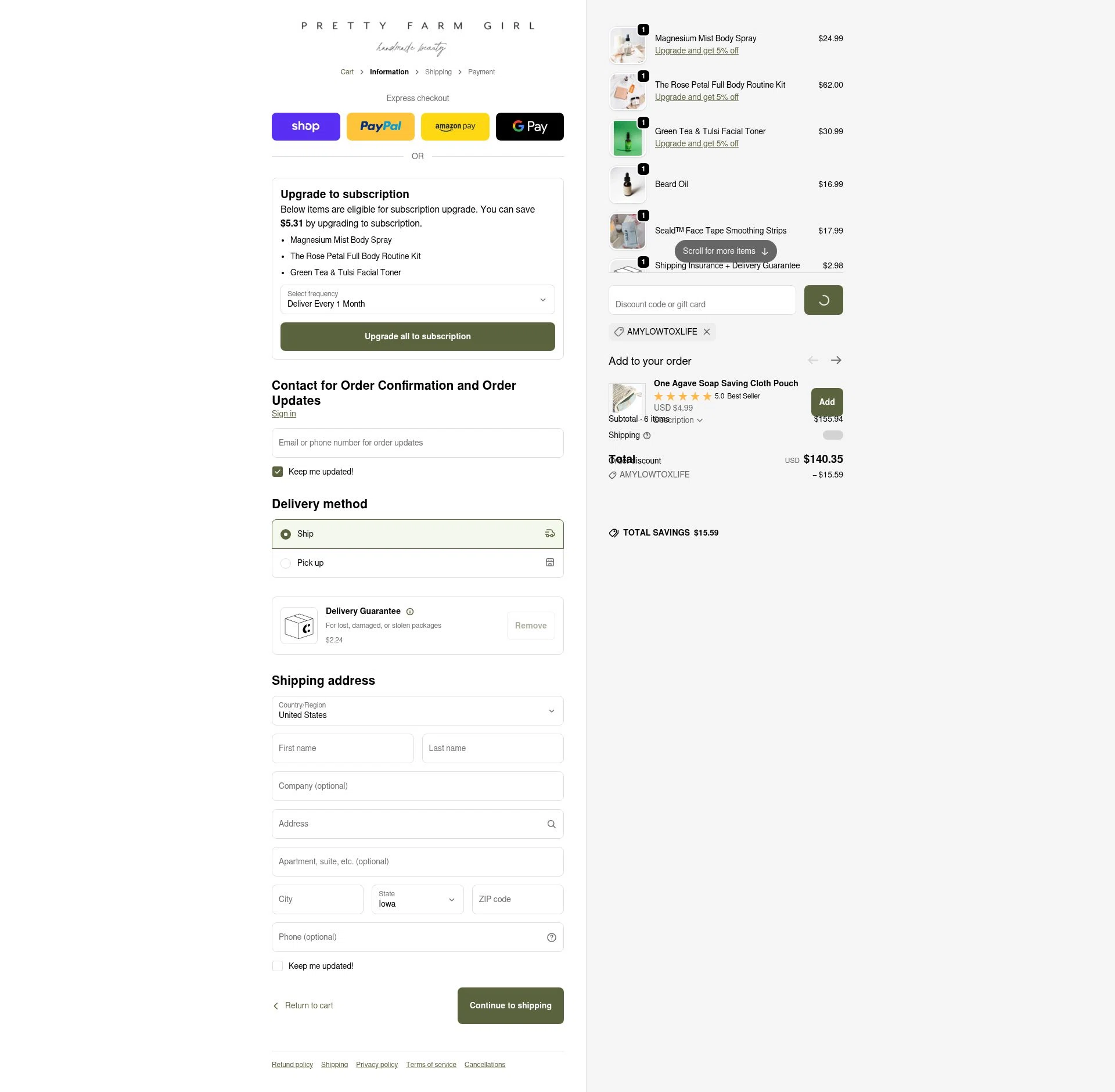 Pretty Farm Girl checkout page showing Pretty Farm Girl discount code box | Screenshot taken by SimplyCodes community member on Feb 23, 2026