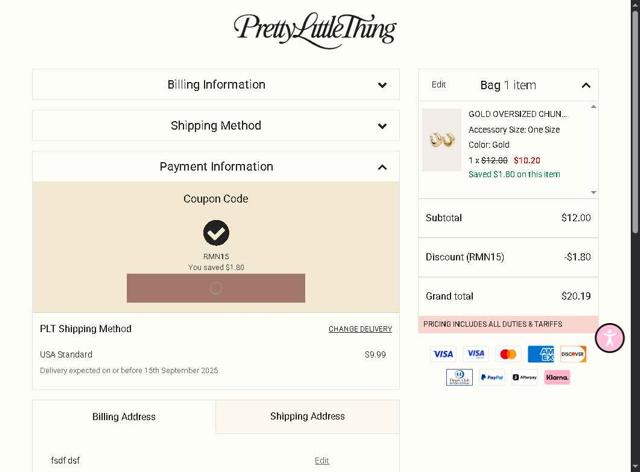 PrettyLittleThing US checkout page showing PrettyLittleThing US promo code box | Screenshot taken by SimplyCodes community member on Sep 5, 2025