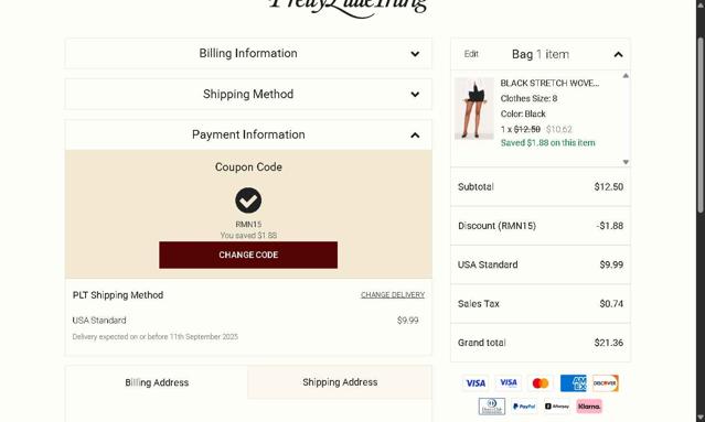 PrettyLittleThing US checkout page showing PrettyLittleThing US promo code box | Screenshot taken by SimplyCodes community member on Aug 30, 2025