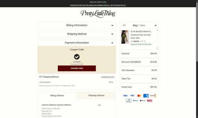 PrettyLittleThing US checkout page showing PrettyLittleThing US promo code box | Screenshot taken by SimplyCodes community member on Sep 5, 2025