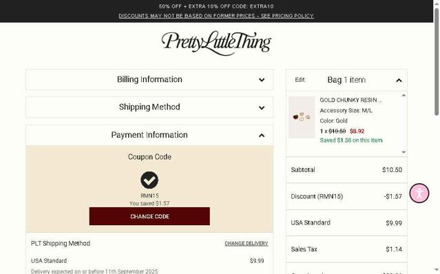 PrettyLittleThing US checkout page showing PrettyLittleThing US promo code box | Screenshot taken by SimplyCodes community member on Aug 30, 2025
