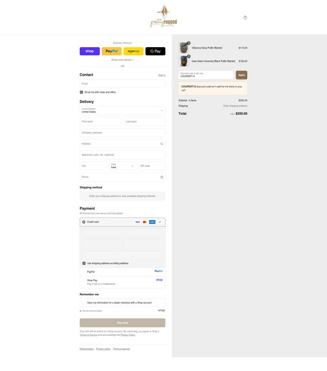 Pretty Rugged checkout page showing Pretty Rugged coupon code box | Screenshot taken by SimplyCodes community member on Sep 12, 2025