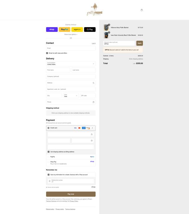Pretty Rugged checkout page showing Pretty Rugged coupon code box | Screenshot taken by SimplyCodes community member on Sep 8, 2025