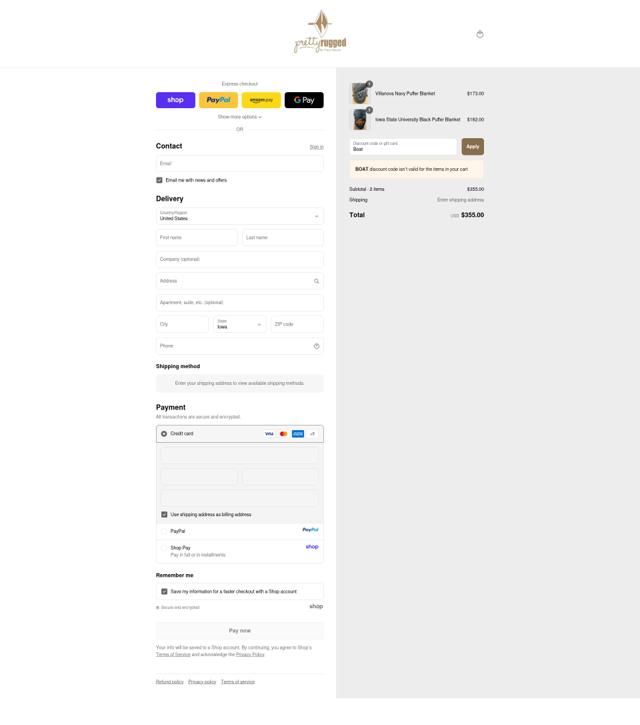 Pretty Rugged checkout page showing Pretty Rugged coupon code box | Screenshot taken by SimplyCodes community member on Sep 12, 2025