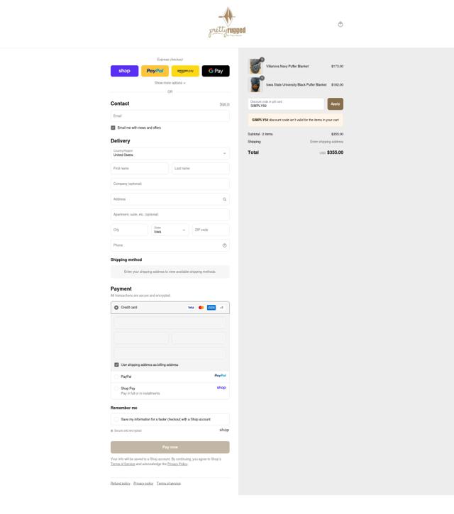 Pretty Rugged checkout page showing Pretty Rugged coupon code box | Screenshot taken by SimplyCodes community member on Sep 12, 2025