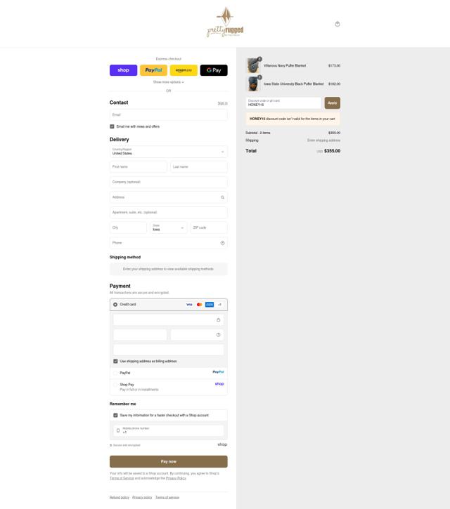 Pretty Rugged checkout page showing Pretty Rugged coupon code box | Screenshot taken by SimplyCodes community member on Sep 12, 2025