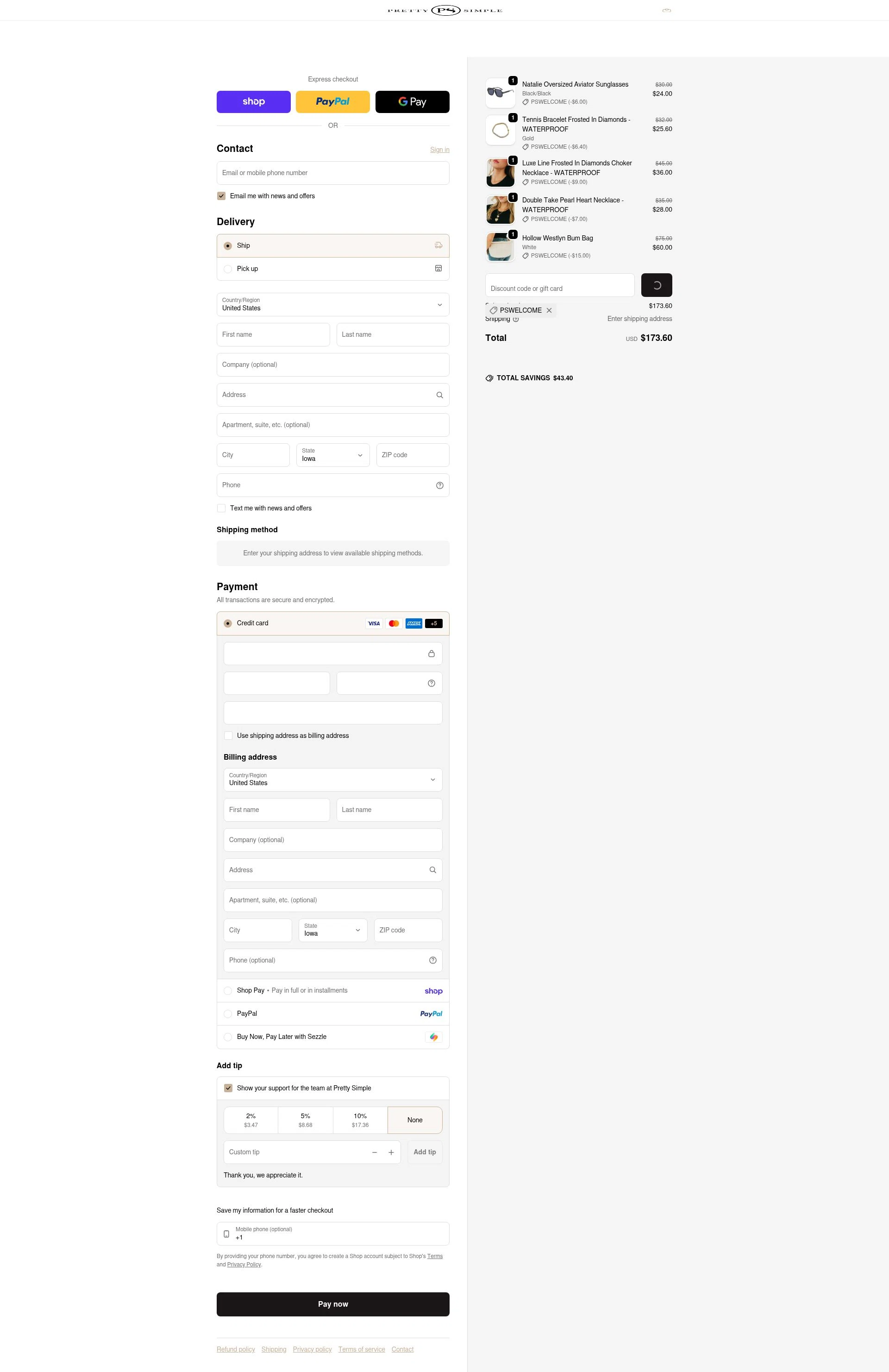 Pretty Simple checkout page showing Pretty Simple coupon code box | Screenshot taken by SimplyCodes community member on Feb 17, 2026