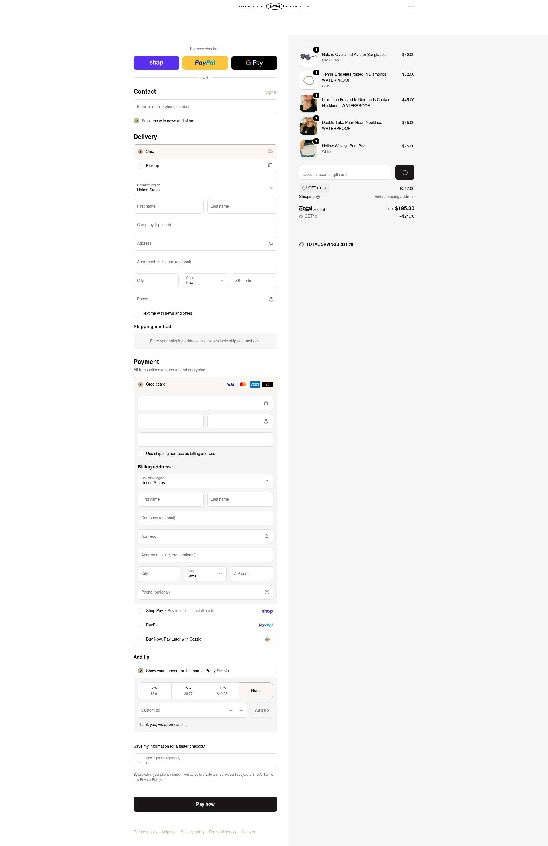 Pretty Simple checkout page showing Pretty Simple coupon code box | Screenshot taken by SimplyCodes community member on Feb 17, 2026
