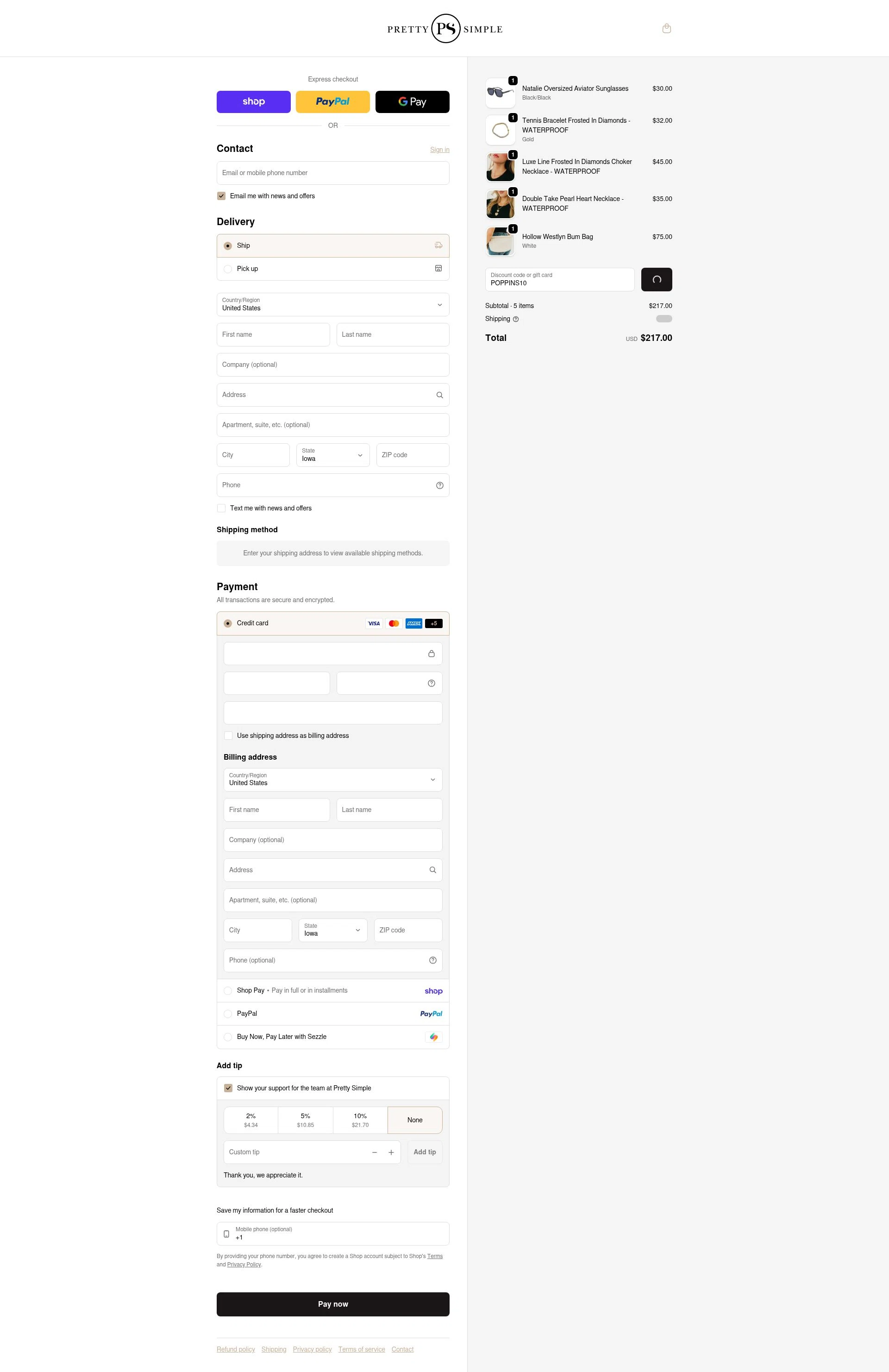 Pretty Simple checkout page showing Pretty Simple coupon code box | Screenshot taken by SimplyCodes community member on Feb 17, 2026