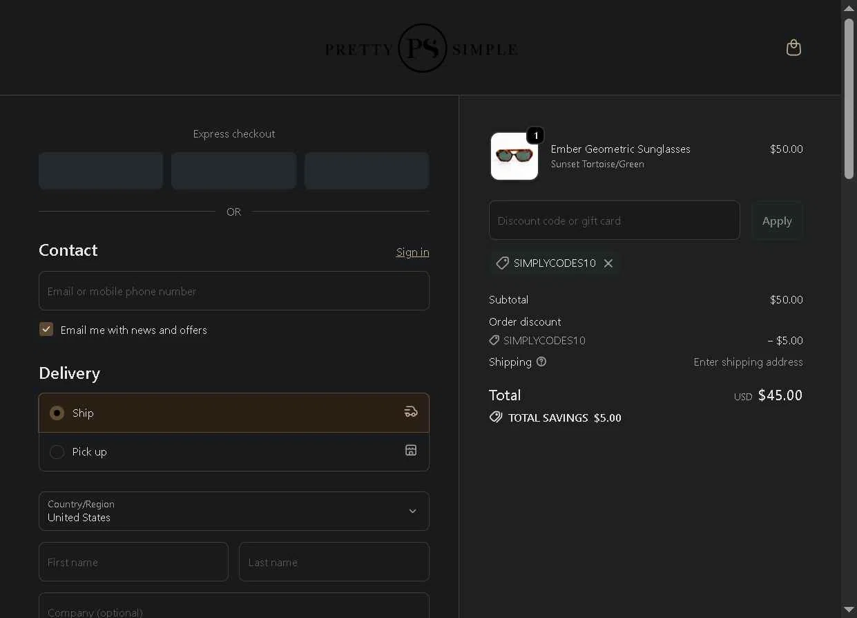 Pretty Simple checkout page showing Pretty Simple coupon code box | Screenshot taken by SimplyCodes community member on Feb 17, 2026