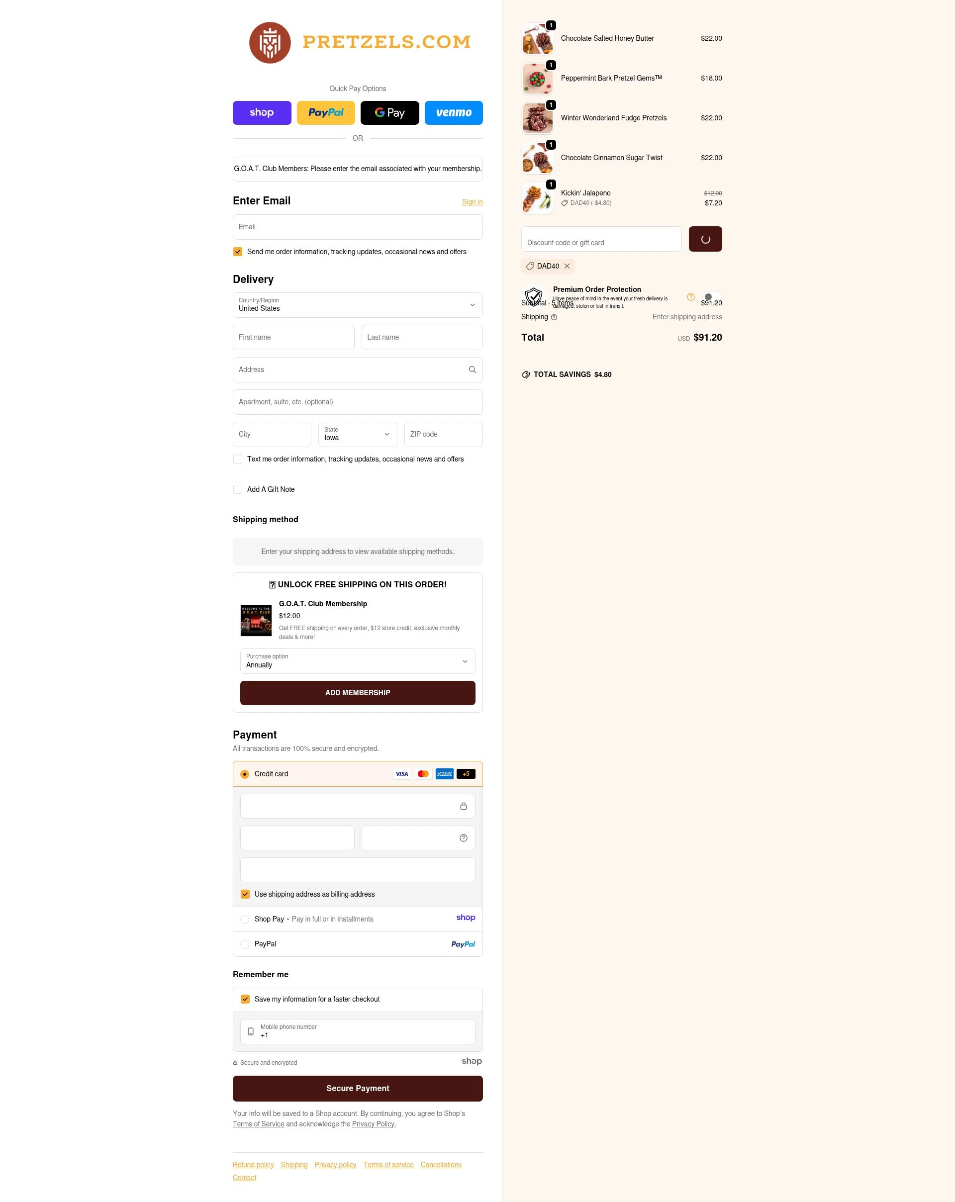Pretzels.com checkout page showing Pretzels.com promo code box | Screenshot taken by SimplyCodes community member on Dec 31, 2025
