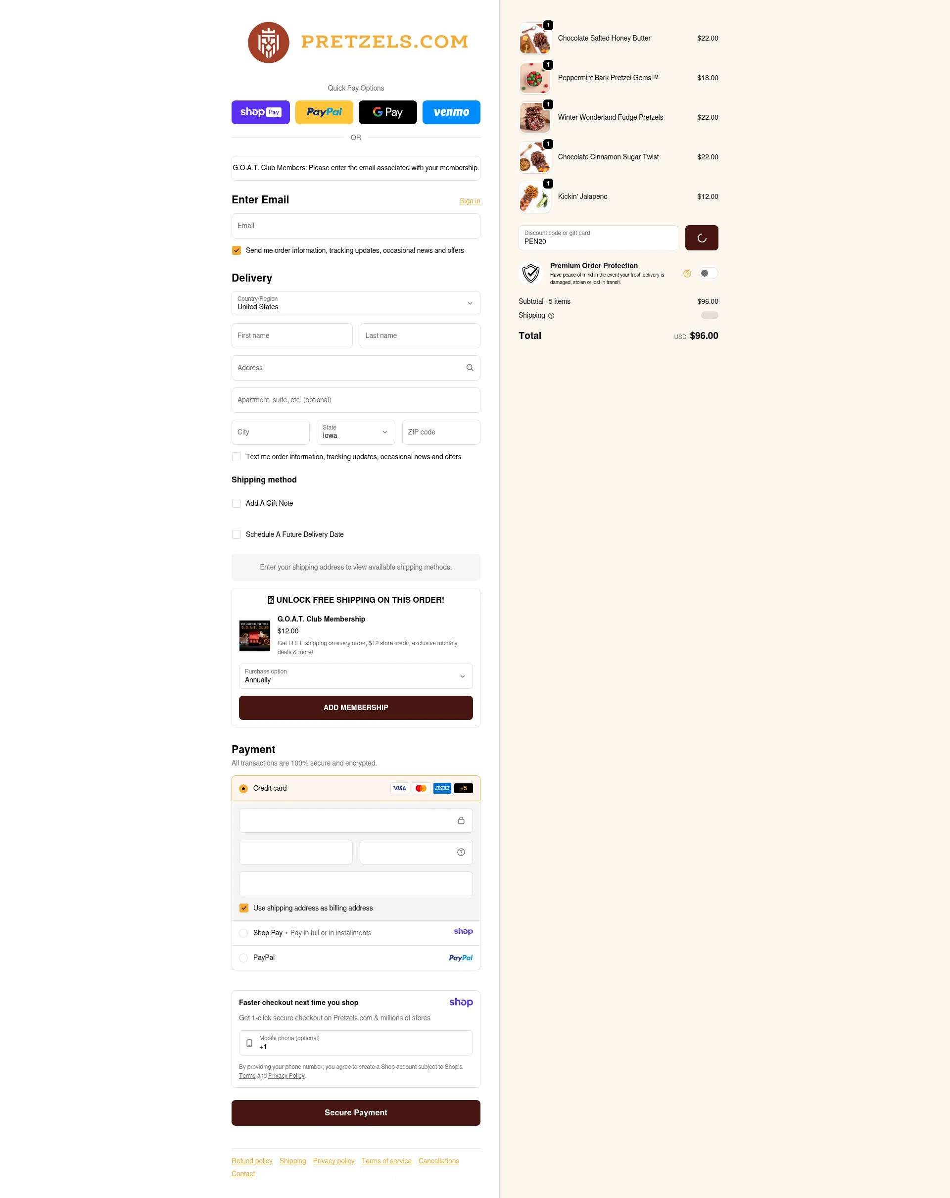 Pretzels.com checkout page showing Pretzels.com promo code box | Screenshot taken by SimplyCodes community member on Jan 10, 2026