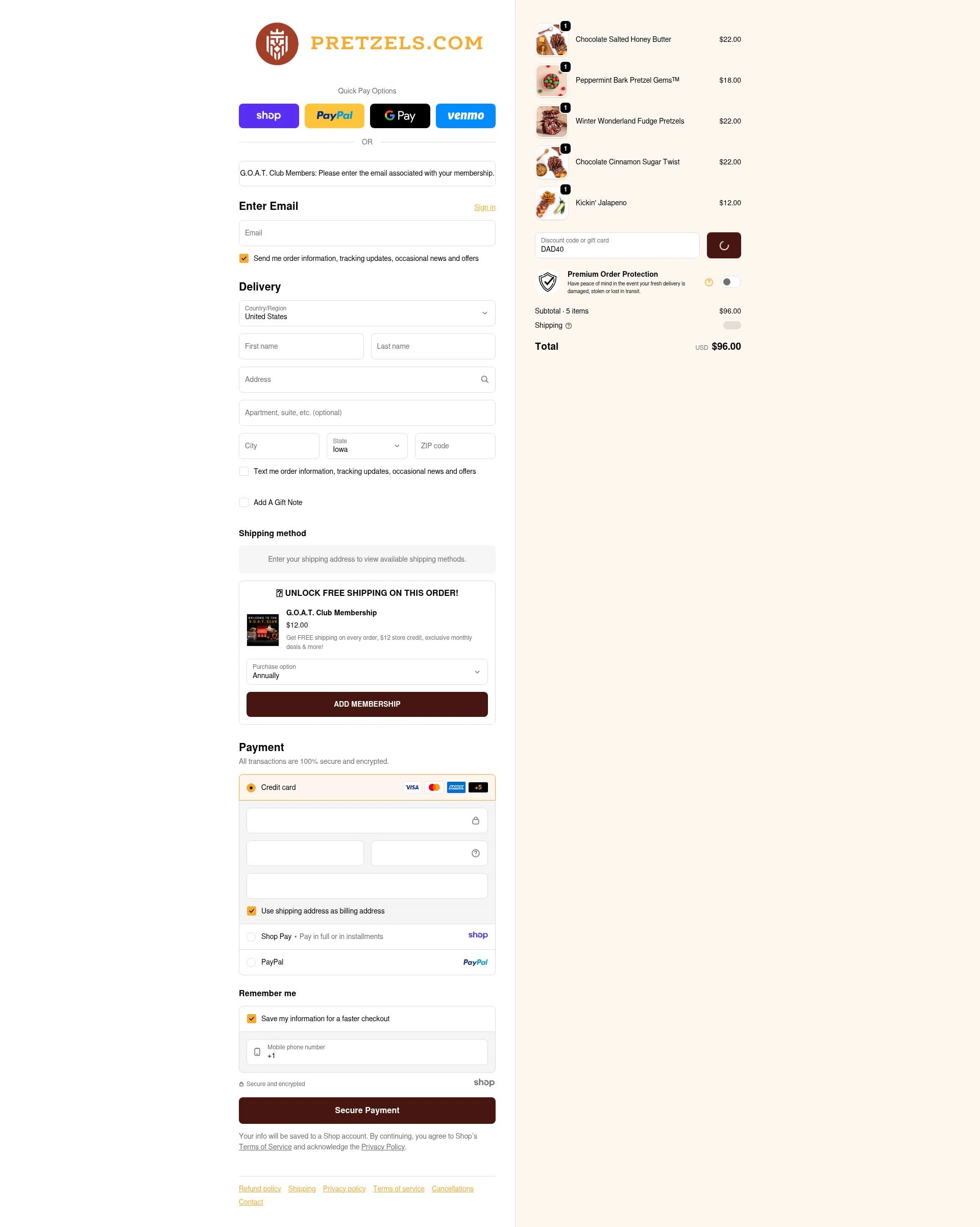 Pretzels.com checkout page showing Pretzels.com promo code box | Screenshot taken by SimplyCodes community member on Jan 5, 2026