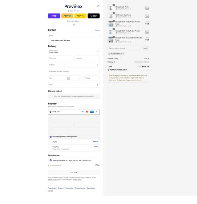 Previnex checkout page showing Previnex coupon code box | Screenshot taken by SimplyCodes community member on Sep 11, 2025