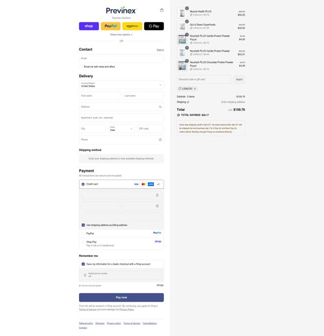 Previnex checkout page showing Previnex coupon code box | Screenshot taken by SimplyCodes community member on Sep 11, 2025