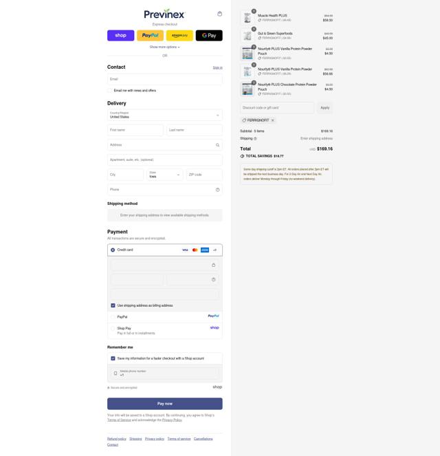 Previnex checkout page showing Previnex coupon code box | Screenshot taken by SimplyCodes community member on Sep 11, 2025