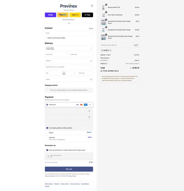 Previnex checkout page showing Previnex coupon code box | Screenshot taken by SimplyCodes community member on Sep 11, 2025