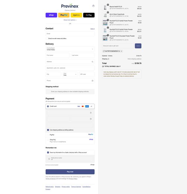 Previnex checkout page showing Previnex coupon code box | Screenshot taken by SimplyCodes community member on Sep 11, 2025