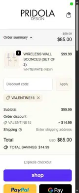 VALENTINE15 coupon verification screenshot