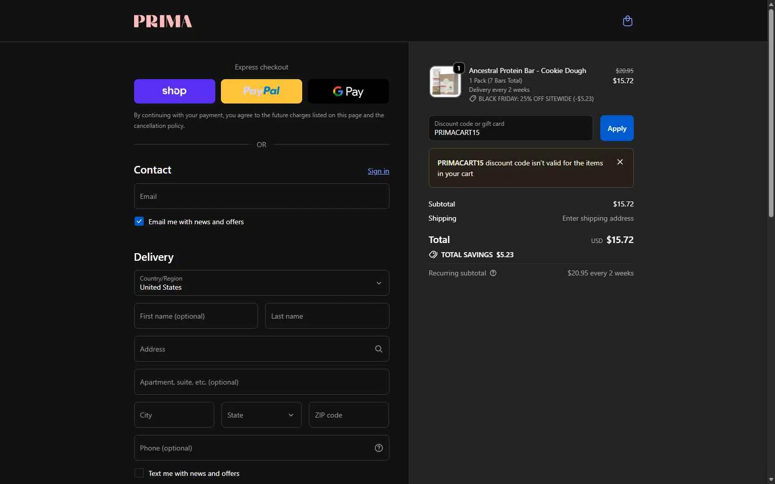 PRIMA Protein Bars checkout page showing PRIMA Protein Bars promo code box | Screenshot taken by SimplyCodes community member on Nov 17, 2025