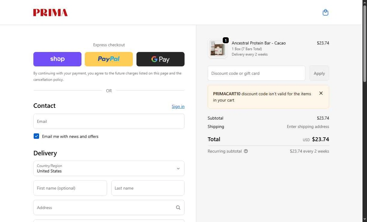 PRIMA Protein Bars checkout page showing PRIMA Protein Bars promo code box | Screenshot taken by SimplyCodes community member on Jan 11, 2026