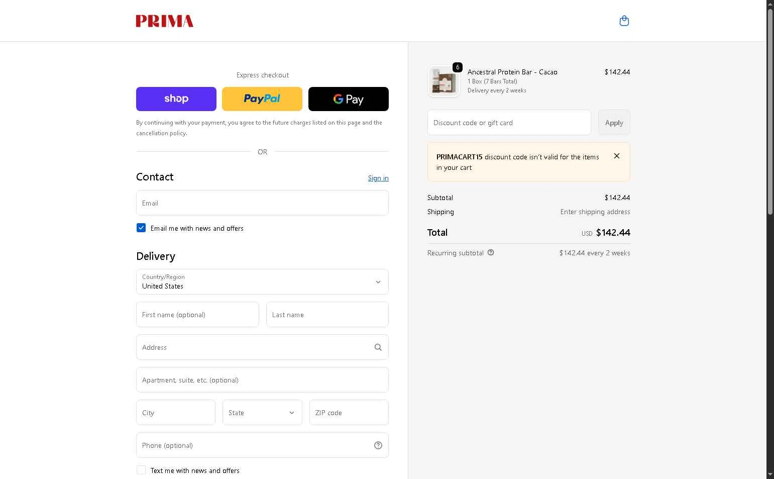 PRIMA Protein Bars checkout page showing PRIMA Protein Bars promo code box | Screenshot taken by SimplyCodes community member on Jan 8, 2026