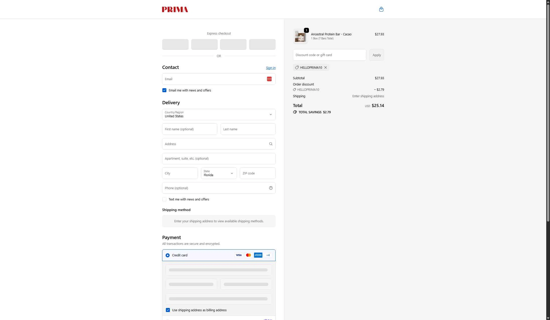 PRIMA Protein Bars checkout page showing PRIMA Protein Bars promo code box | Screenshot taken by SimplyCodes community member on Jan 8, 2026