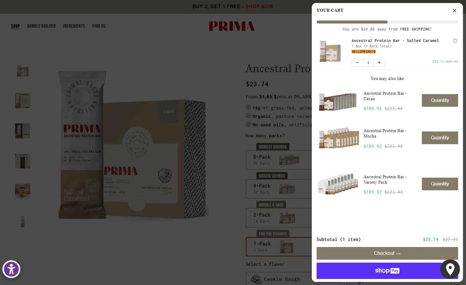 PRIMA Protein Bars checkout page showing PRIMA Protein Bars promo code box | Screenshot taken by SimplyCodes community member on Dec 13, 2025