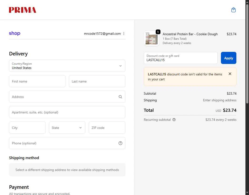 PRIMA Protein Bars checkout page showing PRIMA Protein Bars promo code box | Screenshot taken by SimplyCodes community member on Dec 4, 2025
