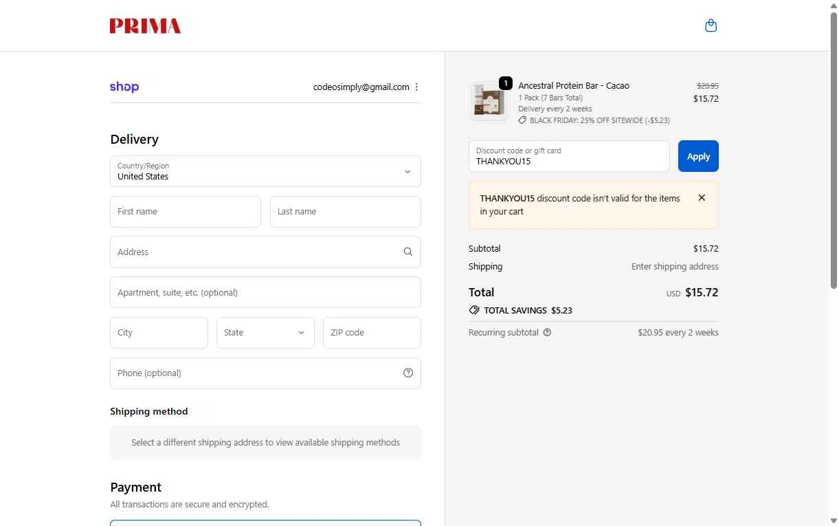 PRIMA Protein Bars checkout page showing PRIMA Protein Bars promo code box | Screenshot taken by SimplyCodes community member on Nov 17, 2025