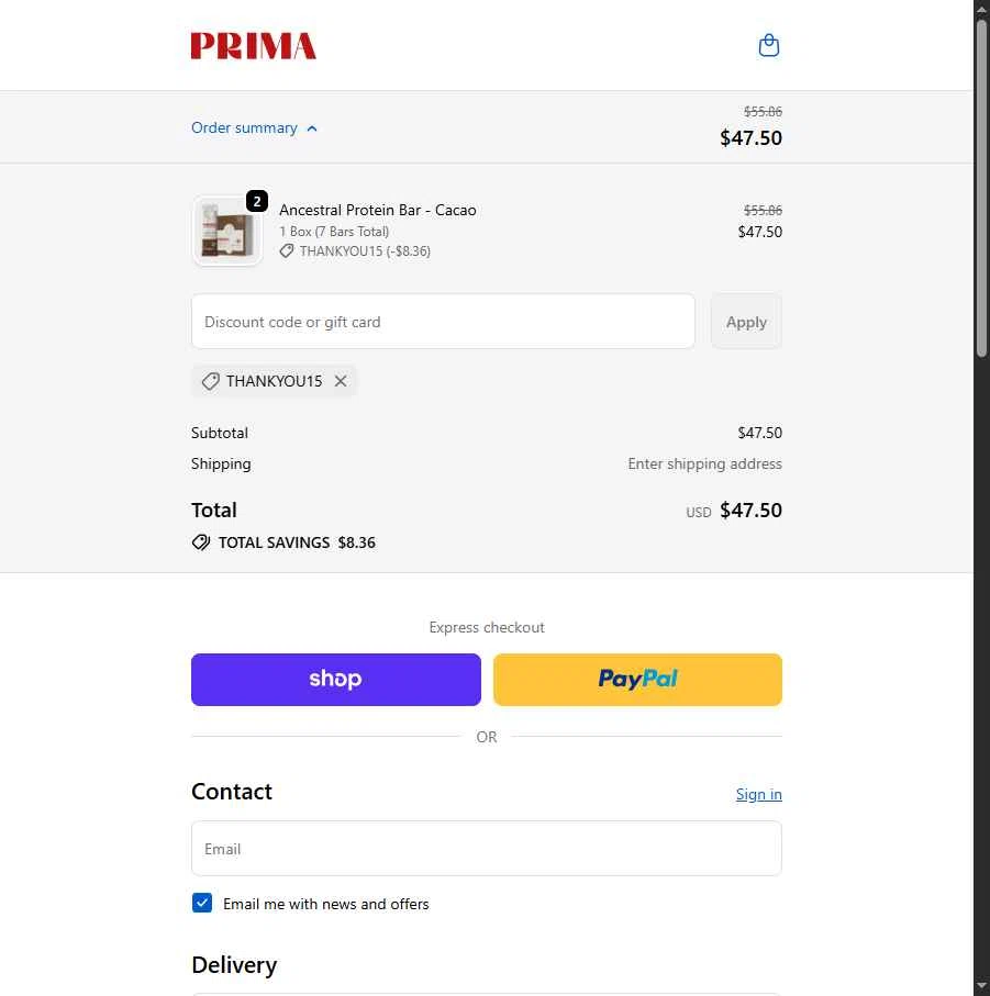 PRIMA Protein Bars checkout page showing PRIMA Protein Bars promo code box | Screenshot taken by SimplyCodes community member on Jan 8, 2026