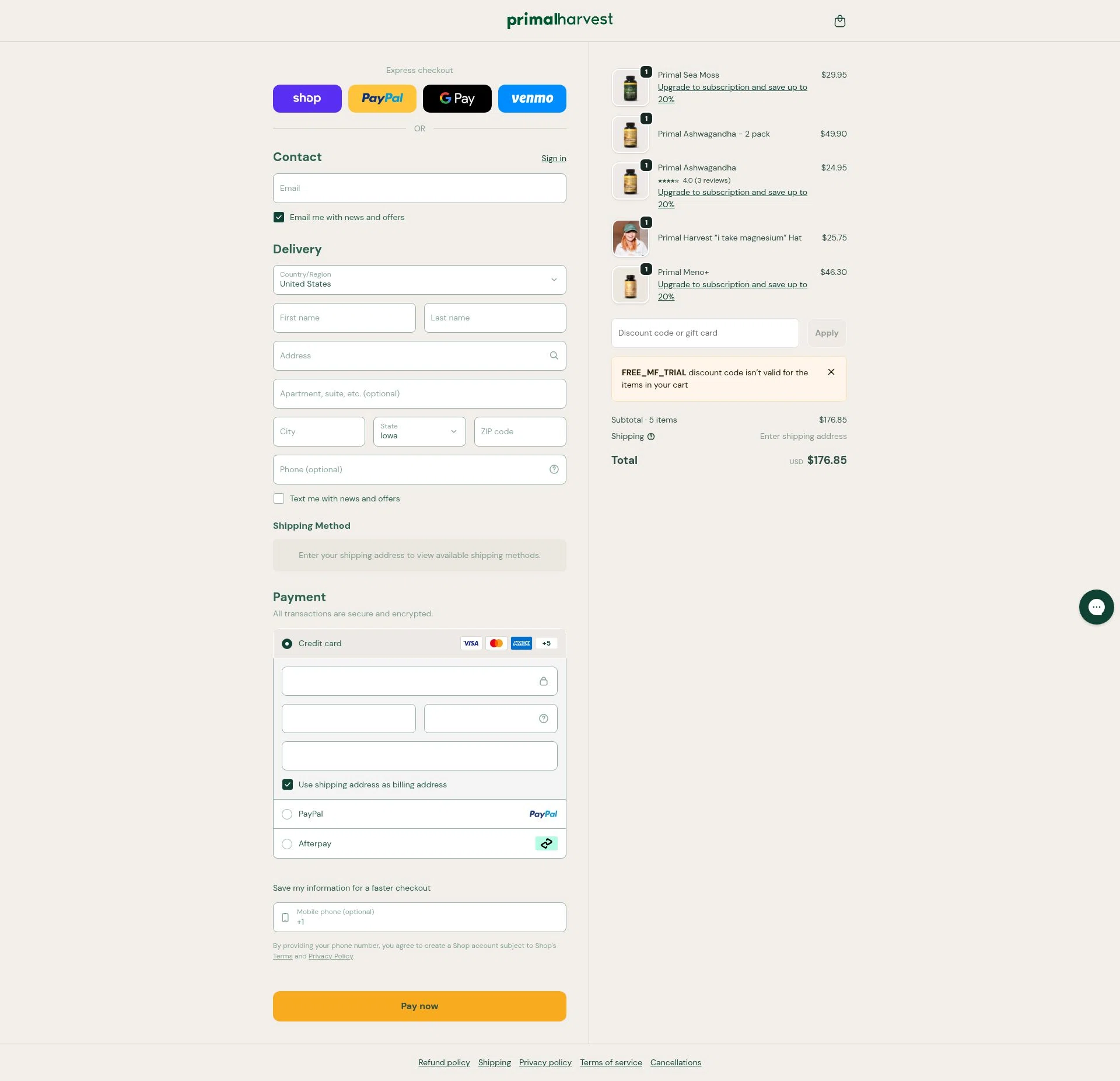 PrimalHarvest checkout page showing PrimalHarvest coupon code box | Screenshot taken by SimplyCodes community member on Feb 11, 2026