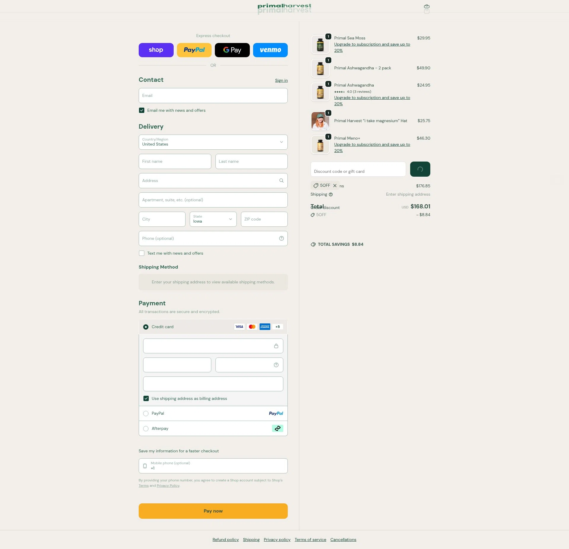 PrimalHarvest checkout page showing PrimalHarvest coupon code box | Screenshot taken by SimplyCodes community member on Feb 11, 2026