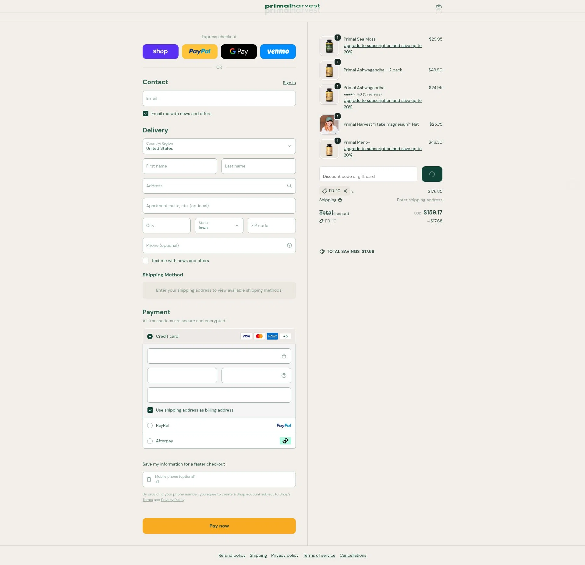 PrimalHarvest checkout page showing PrimalHarvest coupon code box | Screenshot taken by SimplyCodes community member on Feb 11, 2026