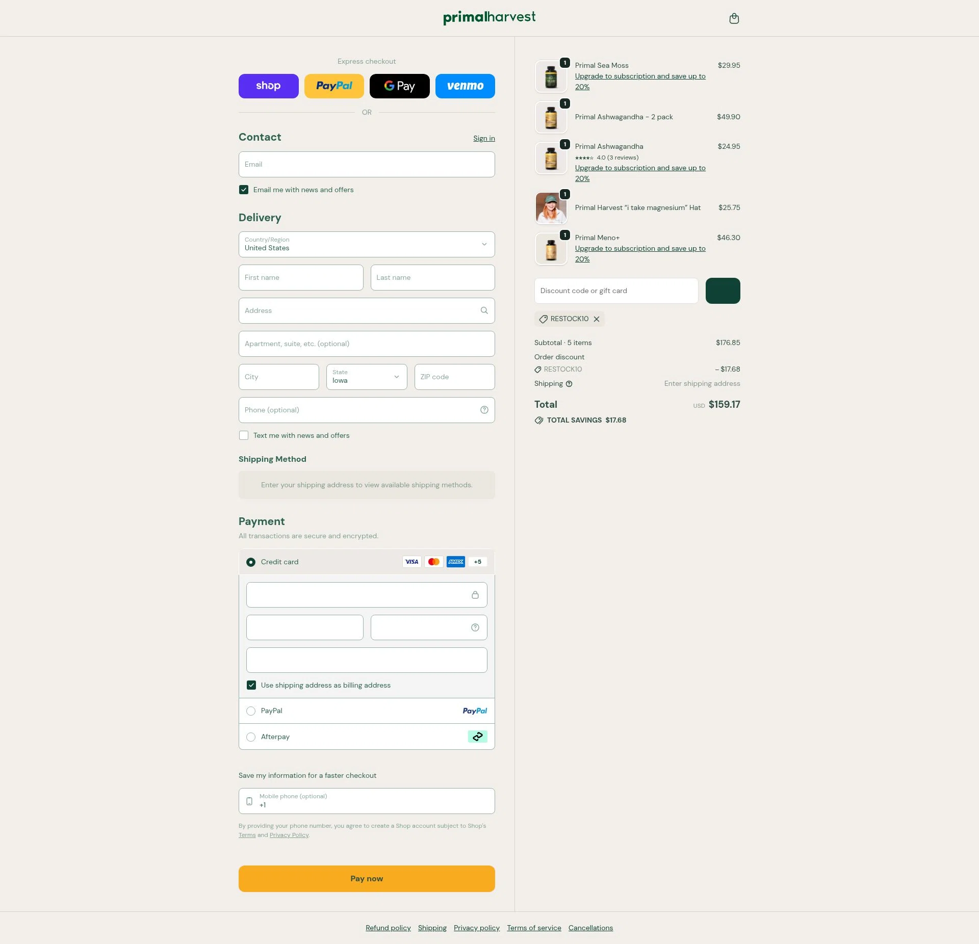 PrimalHarvest checkout page showing PrimalHarvest coupon code box | Screenshot taken by SimplyCodes community member on Feb 11, 2026