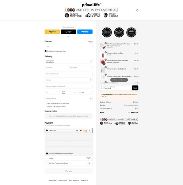 Primal Life Organics checkout page showing Primal Life Organics discount code box | Screenshot taken by SimplyCodes community member on Sep 15, 2025
