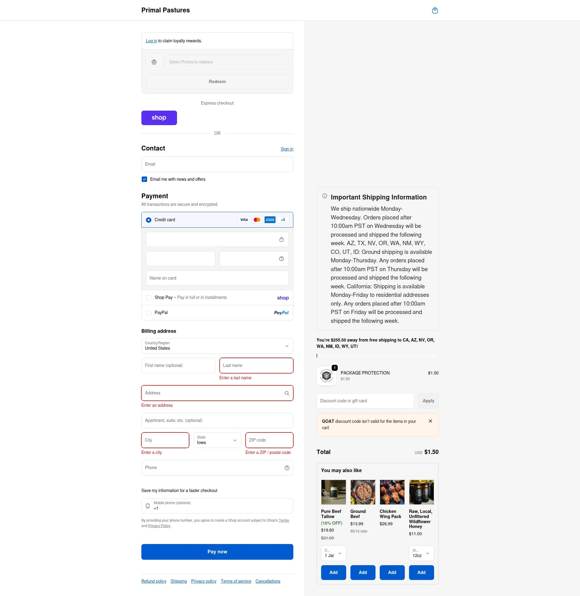 Primal Pastures checkout page showing Primal Pastures discount code box | Screenshot taken by SimplyCodes community member on Feb 1, 2026