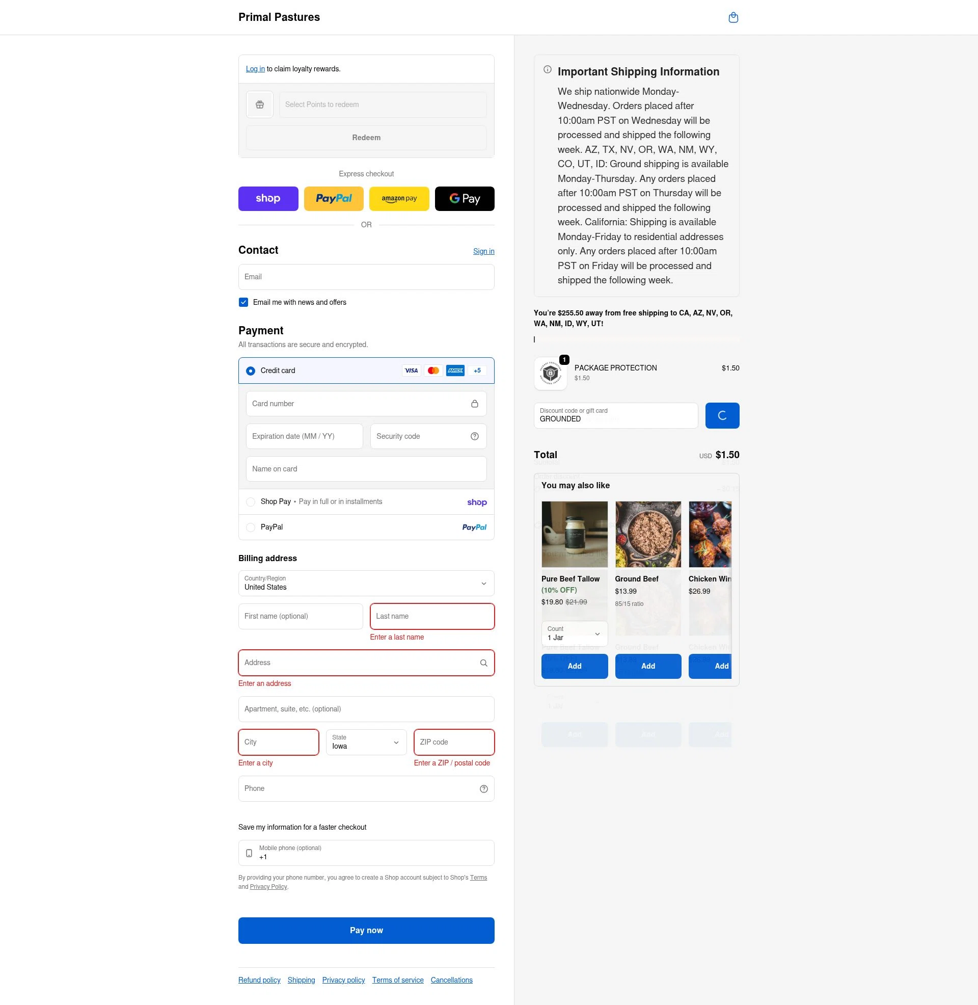 Primal Pastures checkout page showing Primal Pastures discount code box | Screenshot taken by SimplyCodes community member on Feb 6, 2026