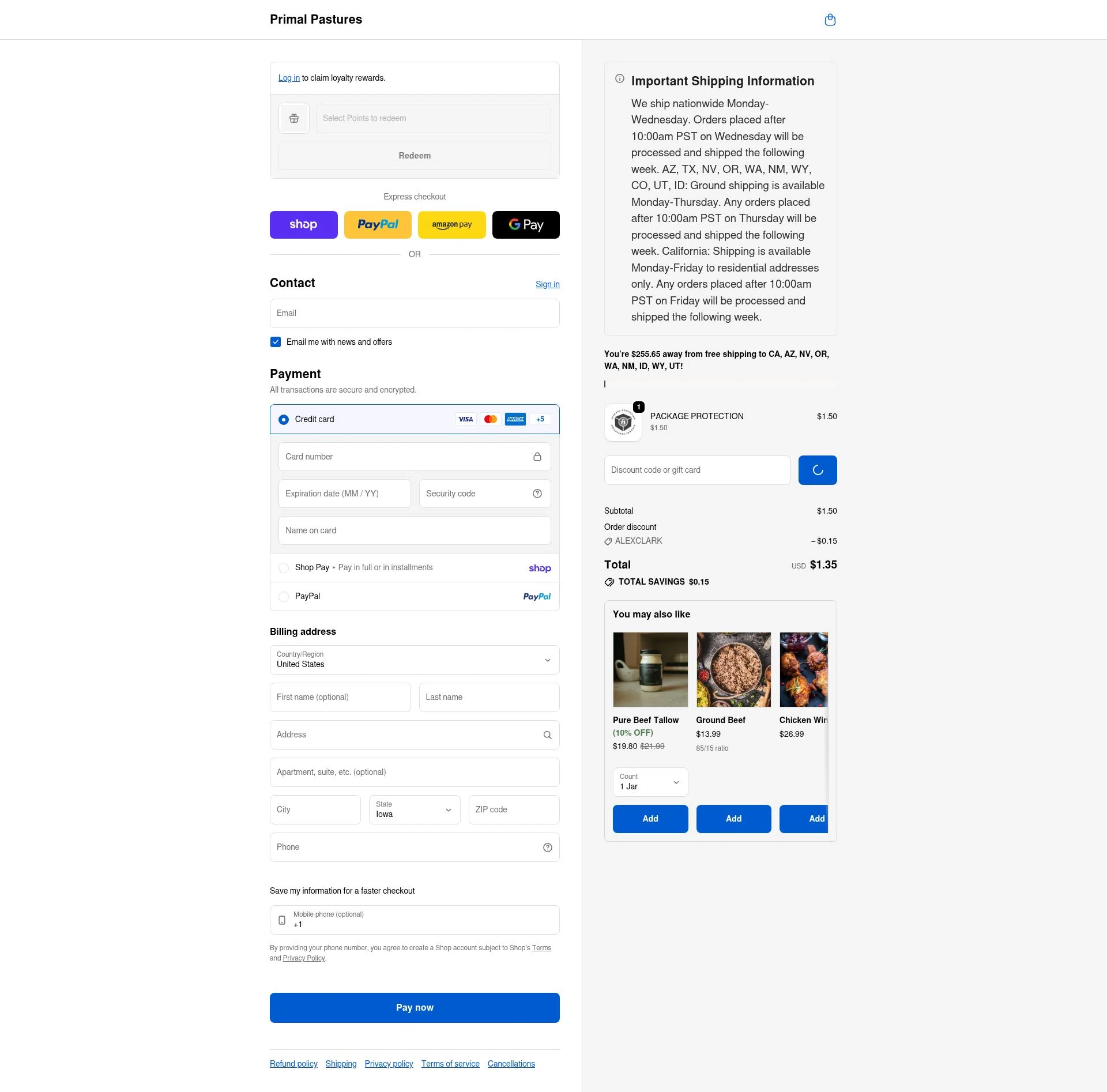 Primal Pastures checkout page showing Primal Pastures discount code box | Screenshot taken by SimplyCodes community member on Feb 6, 2026