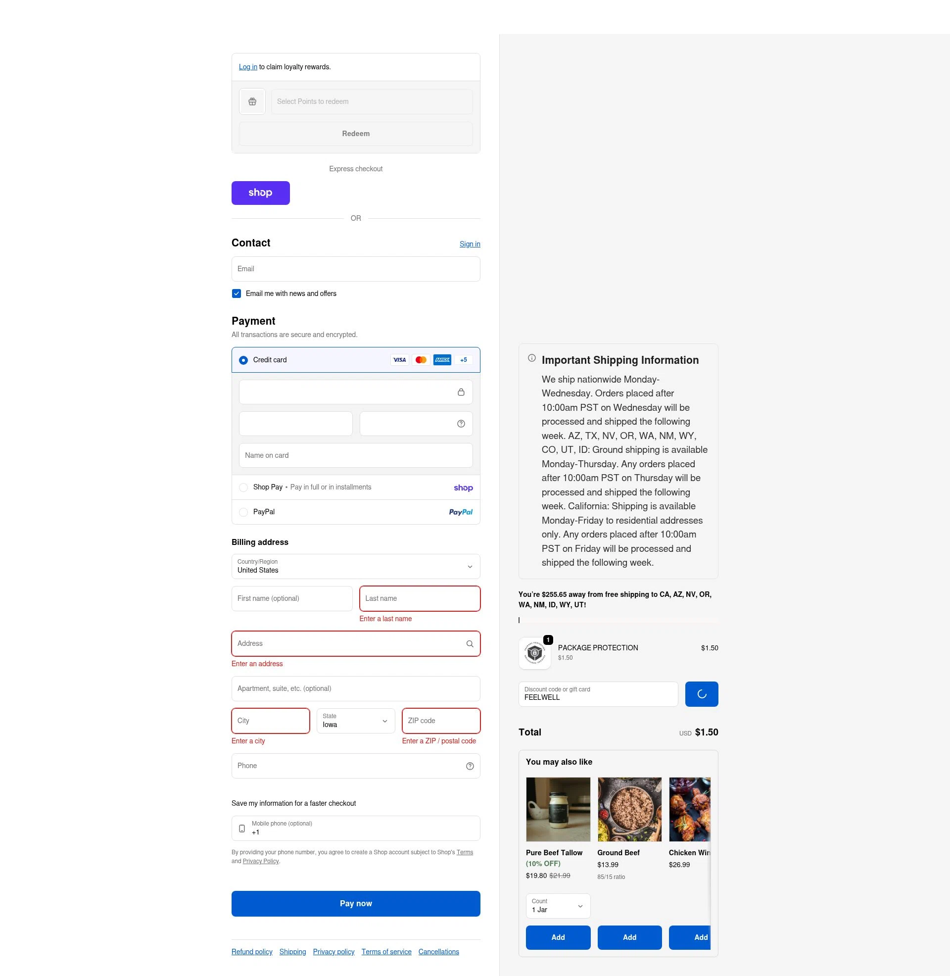 Primal Pastures checkout page showing Primal Pastures discount code box | Screenshot taken by SimplyCodes community member on Feb 6, 2026