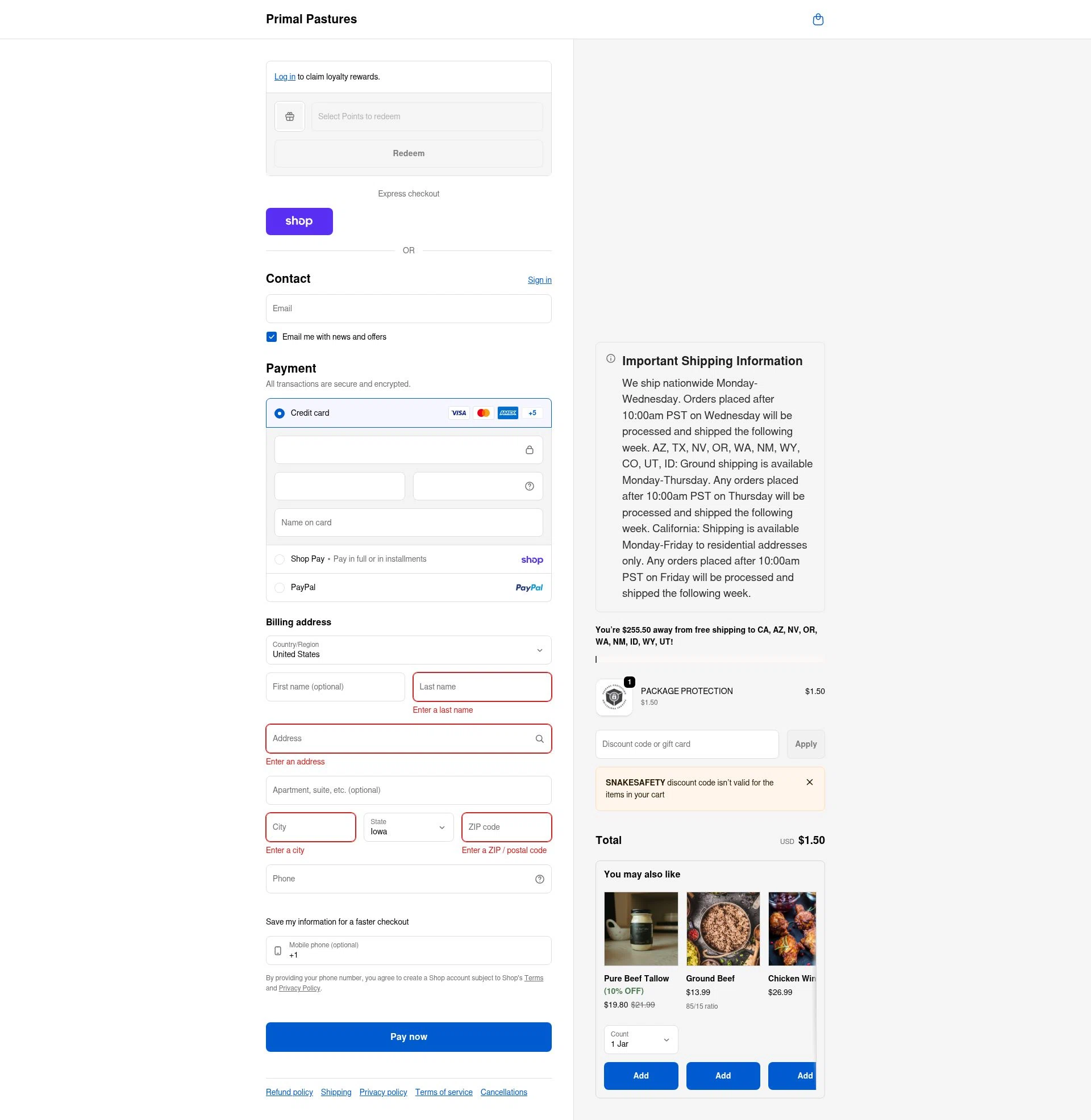 Primal Pastures checkout page showing Primal Pastures discount code box | Screenshot taken by SimplyCodes community member on Feb 6, 2026