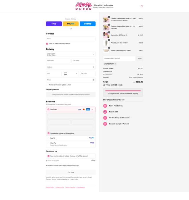Primal Queen checkout page showing Primal Queen discount code box | Screenshot taken by SimplyCodes community member on Sep 10, 2025