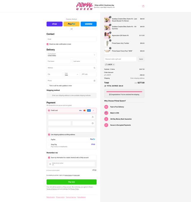 Primal Queen checkout page showing Primal Queen discount code box | Screenshot taken by SimplyCodes community member on Sep 10, 2025