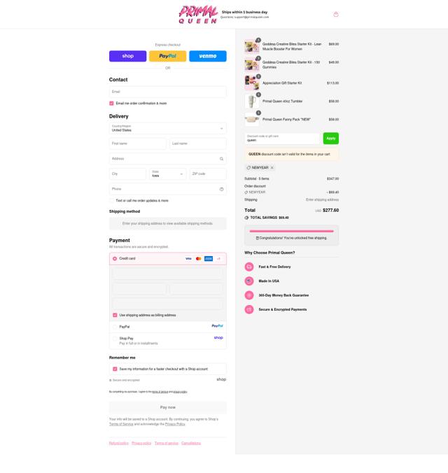 Primal Queen checkout page showing Primal Queen discount code box | Screenshot taken by SimplyCodes community member on Sep 10, 2025